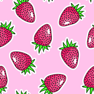 Strawberries seamless pattern. Pink background. Cartoon, comic style. Cute, kawaii wallpaper.