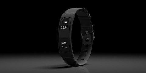 Fitness tracker, smart watch, black, on black background. 3d illustration