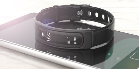 Fitness tracker, smart watch and mobile phone on white background, closeup view. 3d illustration