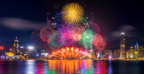Firework festival in Hong Kong at night.