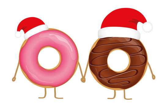 pink and choco christmas donut cartoons with santa cap vector illustration EPS10