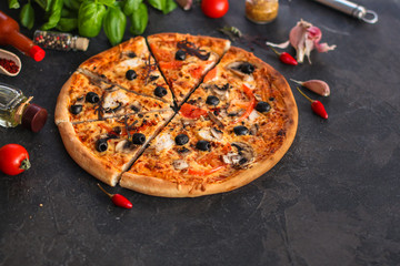 pizza, mushrooms, olives, chicken, tomato sauce, cheese, (pizza ingredients). hot pizza. food background. copy space
