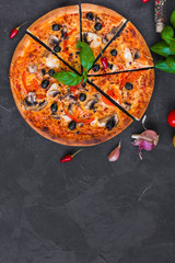 pizza, mushrooms, olives, chicken, tomato sauce, cheese, (pizza ingredients). hot pizza. food background. copy space