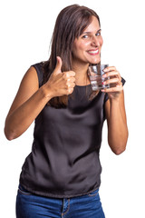 young woman drinking a glass of water isolated on a white background