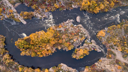 The Southern Bug River. Picturesque rocks and river rapids.Shooting from the air
