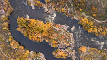 The Southern Bug River. Picturesque rocks and river rapids.Shooting from the air