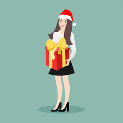 Happy girl in a New Year's cap with a big gift on a green background. Flat illustration.