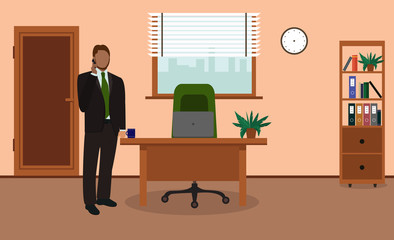 Businessman talking on the phone in office. Manager standing near the table.Office workplace with table, bookcase, window, desk, chair, clock. Vector illustration.