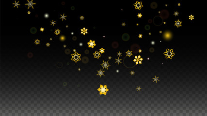 Christmas  Vector Background with Gold Falling Snowflakes Isolated on Transparent Background. Realistic Snow Sparkle Pattern. Snowfall Overlay Print. Winter Sky. Design for Party Invitation.