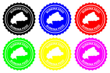 Burkina Faso - rubber stamp - vector, Burkina Faso map pattern - sticker - black, blue, green, yellow, purple and red