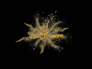 Concept of explosion yellow raw italian pasta from the center with unfocused elements over dark...