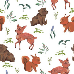 Seamless pattern with teddy bear, baby deer, squirrel,  bush, flowers, leaves, berries. Cute cartoon characters. Hand drawn vector illustration in watercolor style