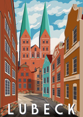 Obraz premium Summer day in Lubeck, Germany. Retro style poster.