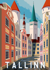 Fototapeta premium Summer day in Tallinn, Estonia. Retro style poster.
