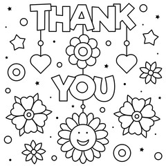 Thank you. Coloring page. Black and white vector illustration.