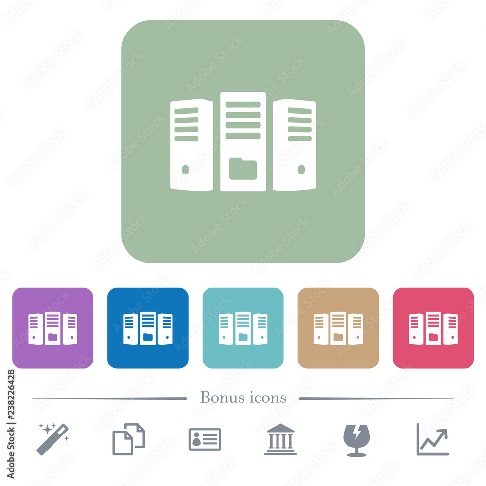 Poster file server flat icons on color rounded square backgrounds