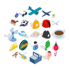 Touring icons set. Isometric set of 25 touring vector icons for web isolated on white background