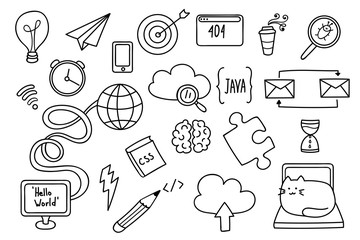Doodle set with web development objects. Programmer's items in cartoon outline. Easy to change color. Vector doodle art.