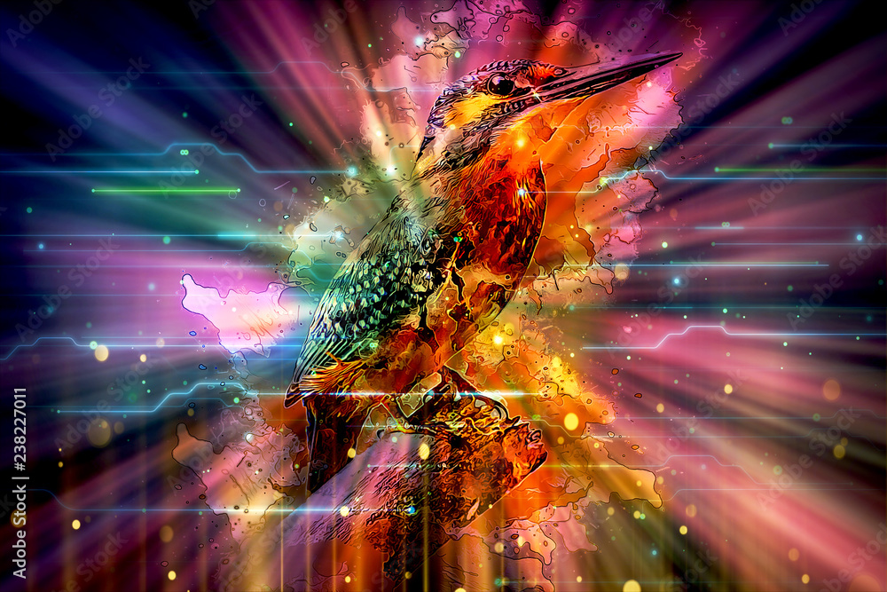 Poster abstract artistic multicolored bird glowing in a visualized colorful background