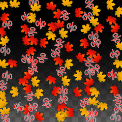 Vector Percentage Sign and Autumn Leaves Confetti on Transparent Background. Percent Sale Background. Business, Economics, Finance Print. Discount Illustration. Promotion poster. Black Friday Banner. 