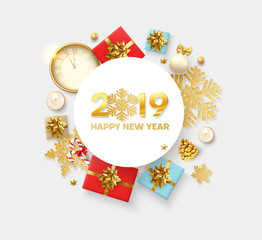 Fototapeta na wymiar Happy New Year 2019 greeting card with clock, colorful top view gifts and holiday decorations.