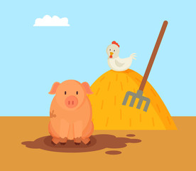 Pig and Domestic Hen on Hay Vector Illustration