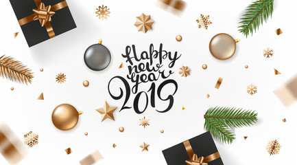 Happy new 2019 year vector greeting card. Banner with golden bauble and confetti. Top view
