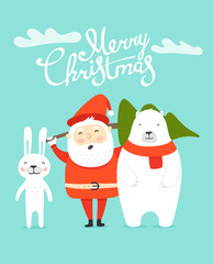 Merry Christmas greeting card with Santa and white bear and bunny. Vector illustration