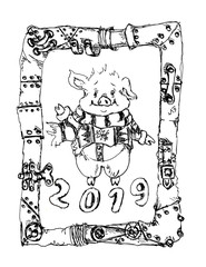 Chinese 2019 New Year symbol pig cartoon chibi character in steampunk frame poster
