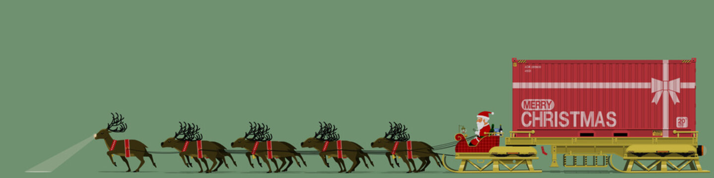 Santa and his nine reindeer are delivering the big present in the container.
