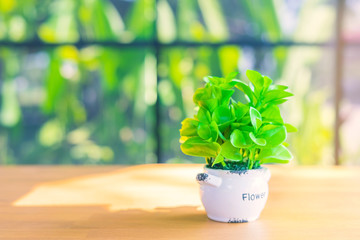 Artificial plants or plastic tree on table for decoration and we