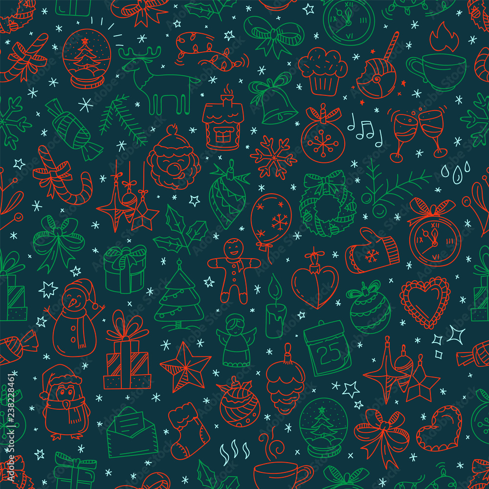 Poster seamless pattern with winter elements in doodle style. vector hand-drawn illustration