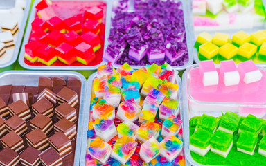 Colorful of Thai Jelly on aluminum tray for sale in street food.