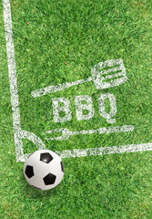 Cover for cafe menus or a sports bar with soccer themes and headlines on the background of grass and marking a soccer field © Nic