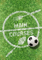 Cover for cafe menus or a sports bar with soccer themes and headlines on the background of grass and marking a soccer field © Nic