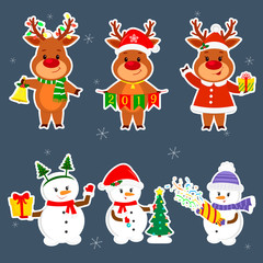 New Year and Christmas card. A set sticker of three snowmen and three deer characters in different hats and poses in winter. Christmas tree, box with gift, cracker, bell. Cartoon style, vector
