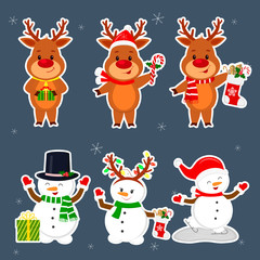 New Year and Christmas card. A set sticker of three snowmen and three deer characters in different hats and poses in winter. Box with a gift, sock and ginger biscuits. Cartoon style, vector