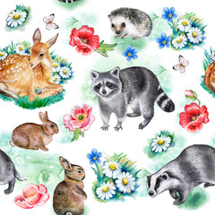 Forest animals pattern isolated on white background. Set of realistic animals. Seamless Pattern. Illustration. Watercolor. Hand drawn. Image. Hand painting