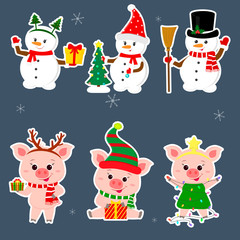 New Year and Christmas card. A set sticker of three snowmen and three pigs character in different hats and poses in winter. Gift box, Christmas tree. Cartoon style, vector