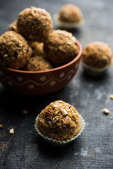 Oats laddu or Ladoo also known as Protein Energy balls. served in a plate or bowl. selective focus