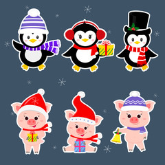 New Year and Christmas card. A set sticker of three piglets and three penguins is typical in different hats and poses in winter. Gift box, bell. Cartoon style, vector