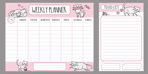 Weekly planner template and to do list with different cute cats,adorable pets