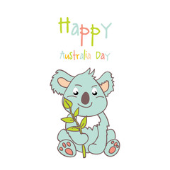 Happy Australia Day with a cartoon koala. Celebratory background with flowers and leaves. layout design template for cards, banner, poster, flyer. Tipografiya illustration.
