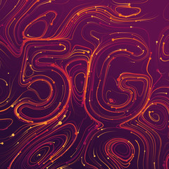 Vector abstract 5G new wireless internet connection background. Global network high speed network. Abstract 5G symbol with shiny curly lines and tiny glowing dots trails on a violet background.