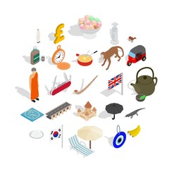 Tea trip icons set. Isometric set of 25 tea trip vector icons for web isolated on white background