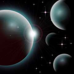 Galaxy background Universe with planets and bright stars. Cosmic abstract vector illustration for your design.