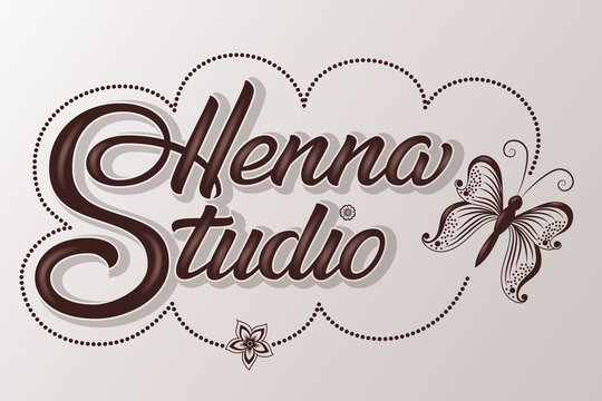 Hand drawn decorated lettering Henna Studio with shadow and highlights. Vector Ink illustration. Template for tattoo or mehndi studio. Elegant lettering with butterfly.