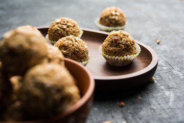 Oats laddu or Ladoo also known as Protein Energy balls. served in a plate or bowl. selective focus