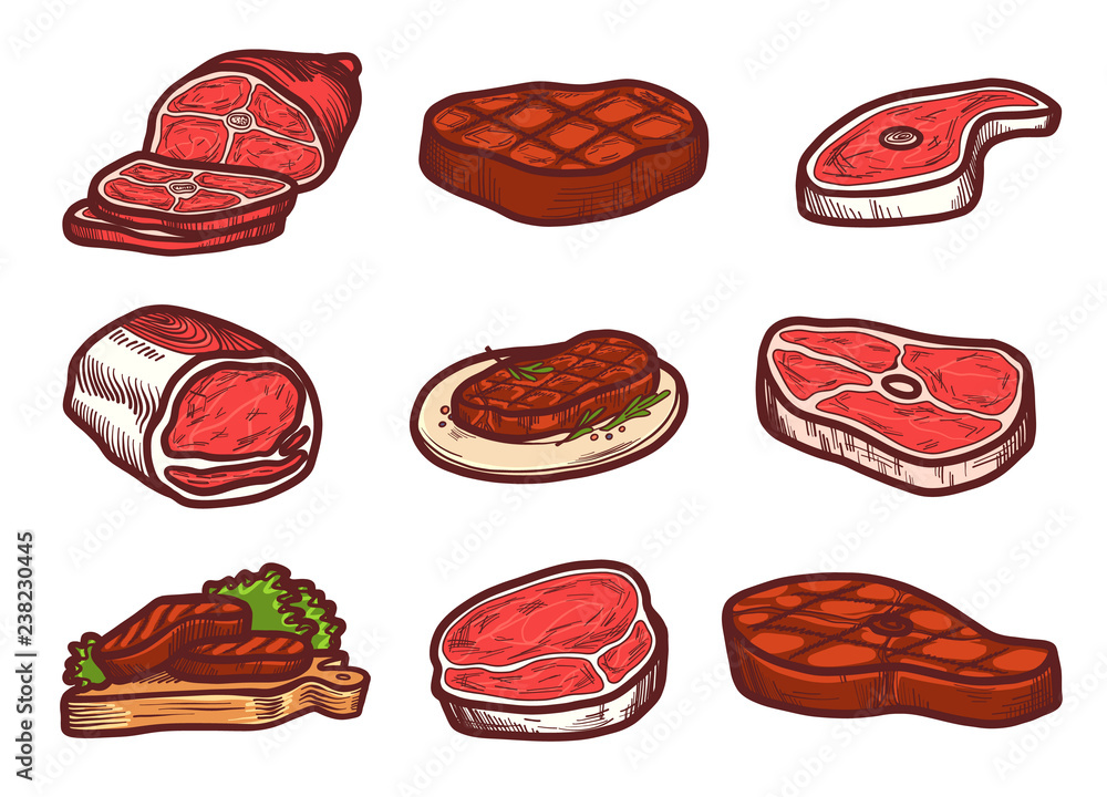 Poster steak icon set. hand drawn set of steak vector icons for web design