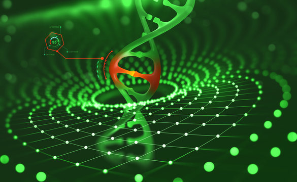 DNA helix. Innovative technologies in the study of the human genome. Artificial intelligence in the medicine of the future. 3D illustration of a DNA molecule with a nanotech network